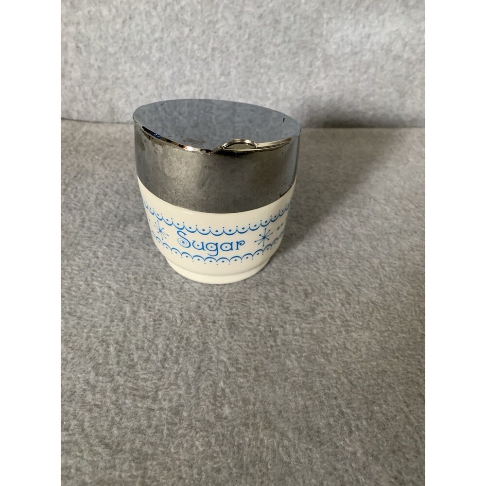 Gemco Vintage Sugar Bowl Blue White Snowflake Garlan Pattern Ceramic Metal 4"